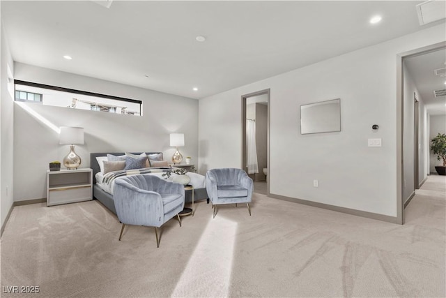 bedroom featuring light carpet, recessed lighting, attic access, and baseboards