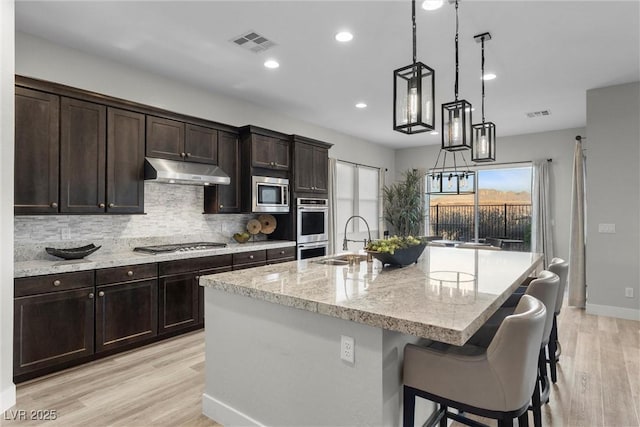 kitchen with sink, pendant lighting, stainless steel appliances, a kitchen island with sink, and decorative backsplash