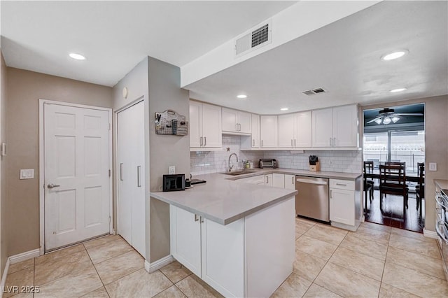 kitchen featuring stainless steel dishwasher, white cabinets, backsplash, and kitchen peninsula