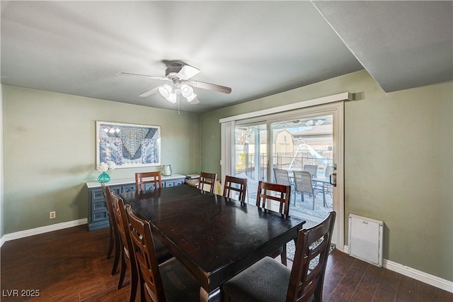 dining space featuring ceiling fan and dark hardwood / wood-style flooring