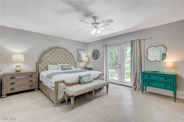 bedroom with access to exterior, ceiling fan, and french doors