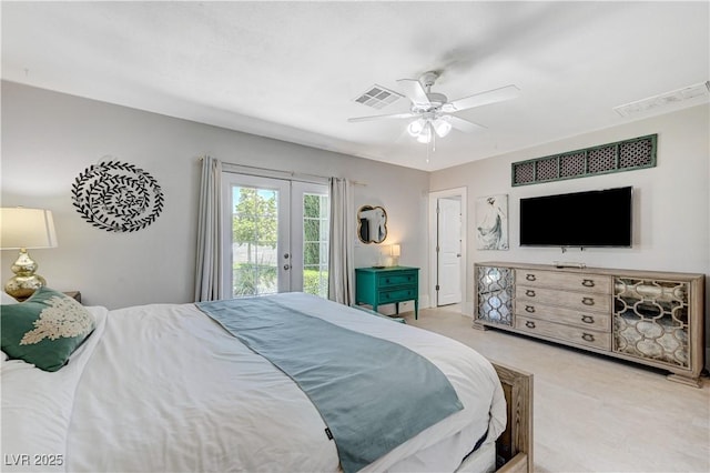 carpeted bedroom featuring access to outside, ceiling fan, and french doors