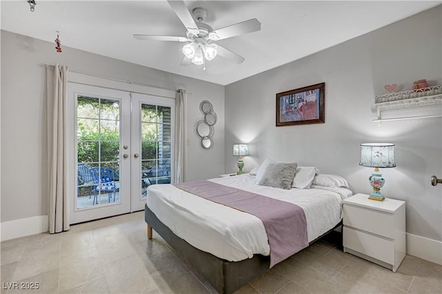 tiled bedroom with french doors, ceiling fan, and access to exterior