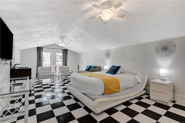 bedroom featuring french doors, lofted ceiling, a textured ceiling, access to outside, and ceiling fan