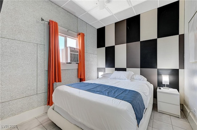 bedroom with light tile patterned floors and cooling unit