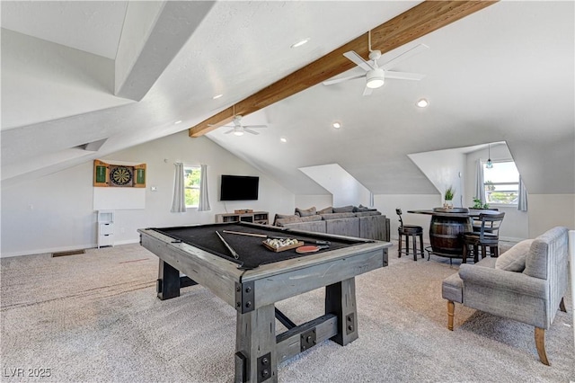 recreation room featuring light colored carpet, plenty of natural light, lofted ceiling with beams, and billiards