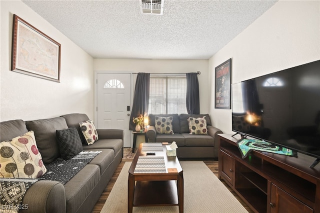 living room featuring dark hardwood / wood-style flooring and a textured ceiling