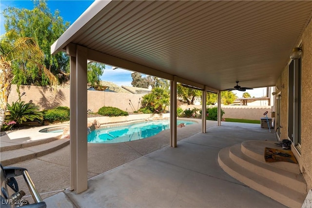 view of pool featuring a fenced in pool, a fenced backyard, and a patio area