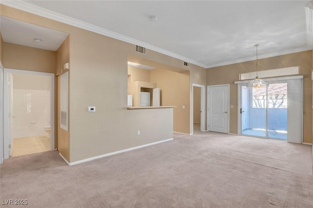 unfurnished living room with light colored carpet and ornamental molding