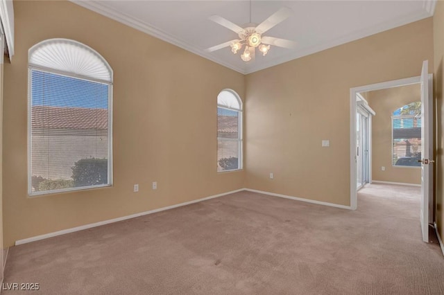 carpeted spare room with crown molding and ceiling fan