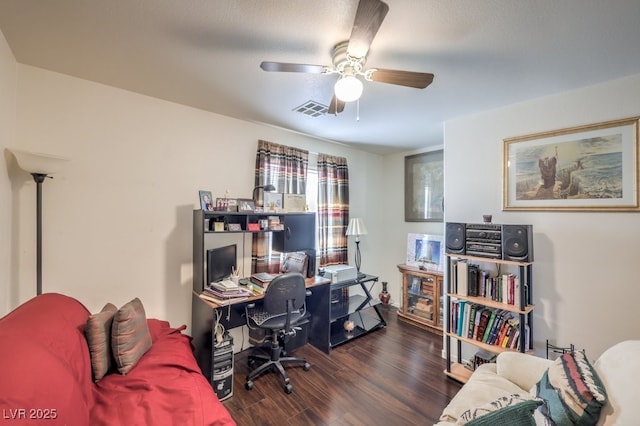 home office featuring dark wood-type flooring and ceiling fan