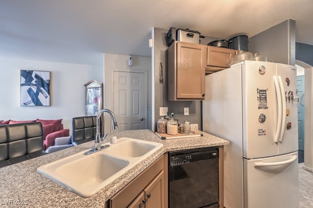 kitchen featuring sink, light brown cabinets, dishwasher, and white fridge