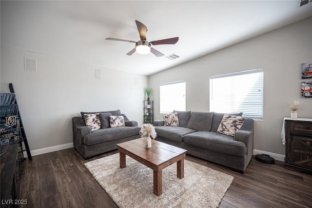 living room with vaulted ceiling, dark hardwood / wood-style floors, and ceiling fan