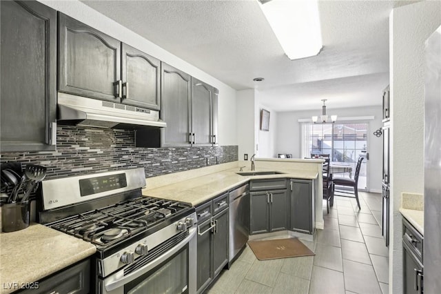 kitchen featuring appliances with stainless steel finishes, sink, backsplash, a chandelier, and hanging light fixtures