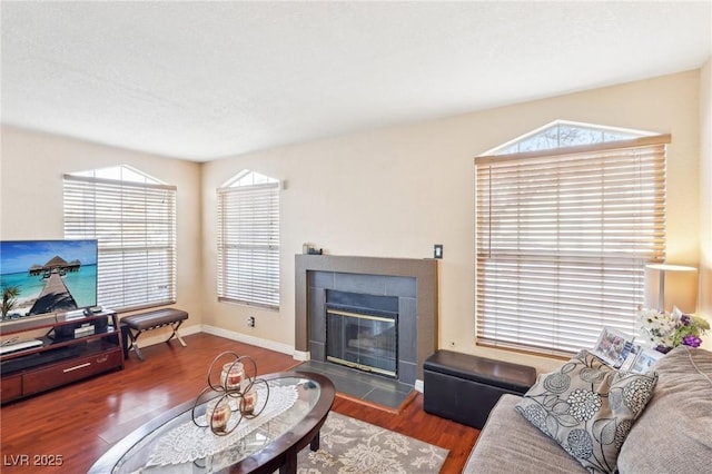 living room with a tiled fireplace and dark hardwood / wood-style floors