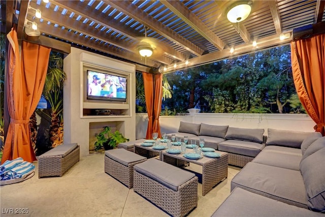 view of patio featuring an outdoor living space and a pergola