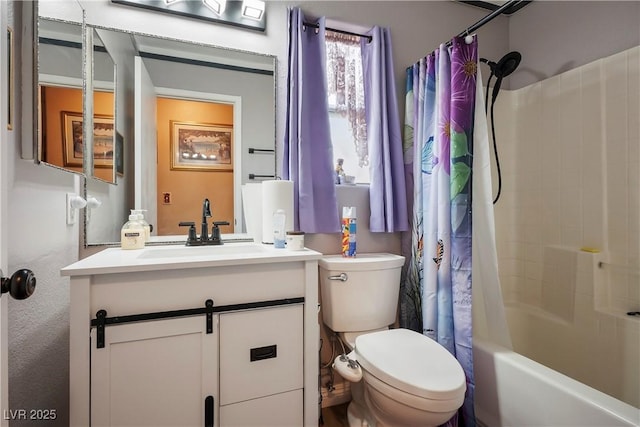 full bathroom with vanity, shower / bathtub combination with curtain, and toilet