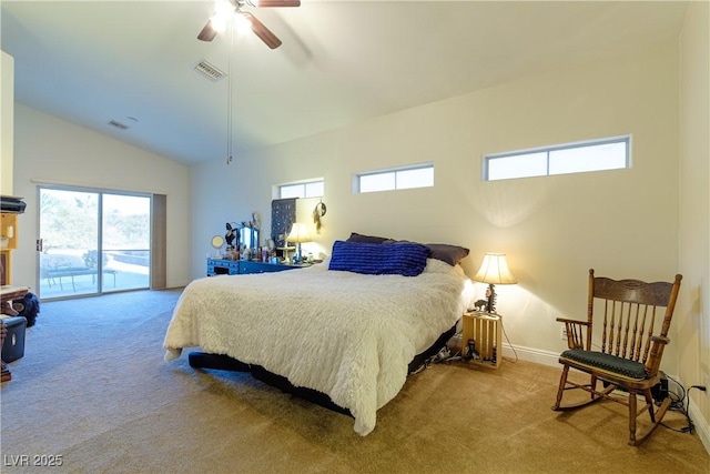 carpeted bedroom with ceiling fan, lofted ceiling, and access to outside