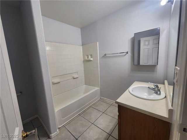 bathroom with vanity, bathing tub / shower combination, and tile patterned flooring