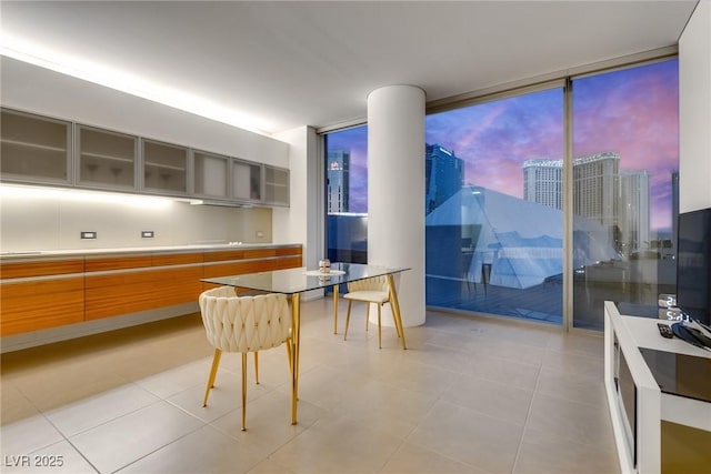 kitchen featuring expansive windows, light tile patterned floors, and modern cabinets