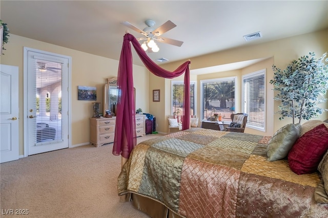 bedroom featuring ceiling fan, light carpet, and access to outside