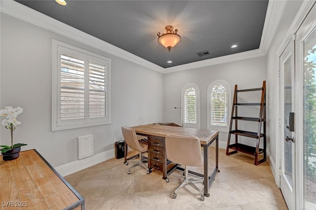 tiled office featuring ornamental molding