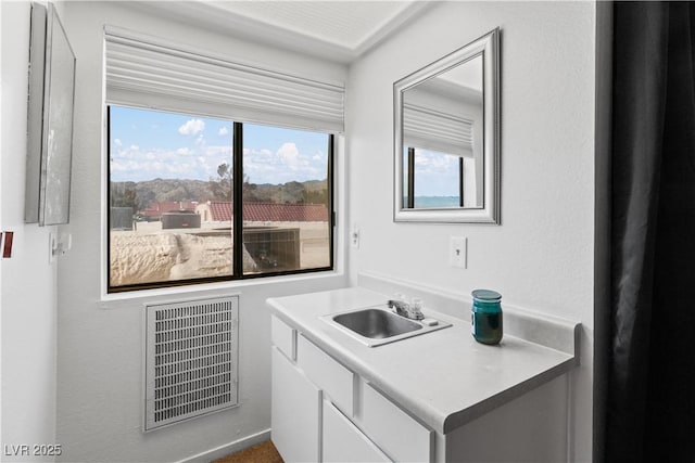 interior space with sink and white cabinets