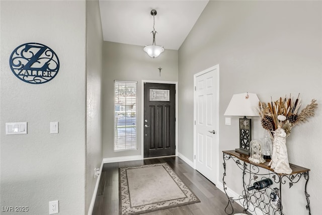 foyer with high vaulted ceiling and dark hardwood / wood-style floors