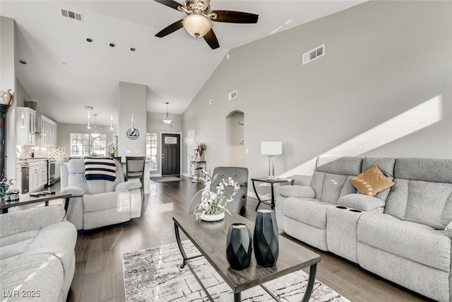 living room with high vaulted ceiling, hardwood / wood-style floors, and ceiling fan