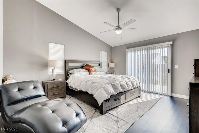 bedroom with light hardwood / wood-style flooring, vaulted ceiling, ceiling fan, and access to outside