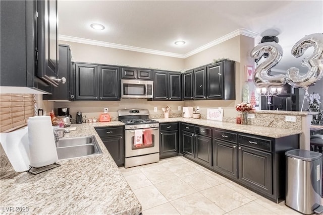 kitchen featuring sink, crown molding, light stone countertops, and appliances with stainless steel finishes