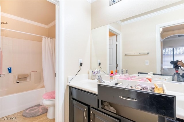 full bathroom with shower / tub combo, tile patterned flooring, vanity, ornamental molding, and toilet