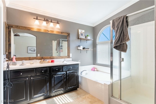 bathroom with crown molding, vanity, independent shower and bath, ceiling fan, and tile patterned flooring