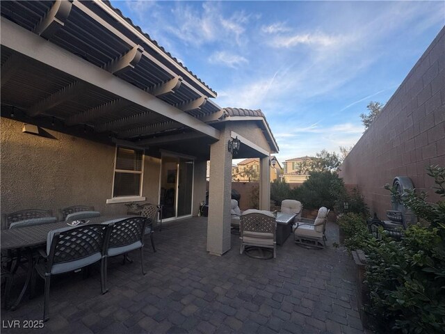 view of patio featuring a pergola and outdoor lounge area