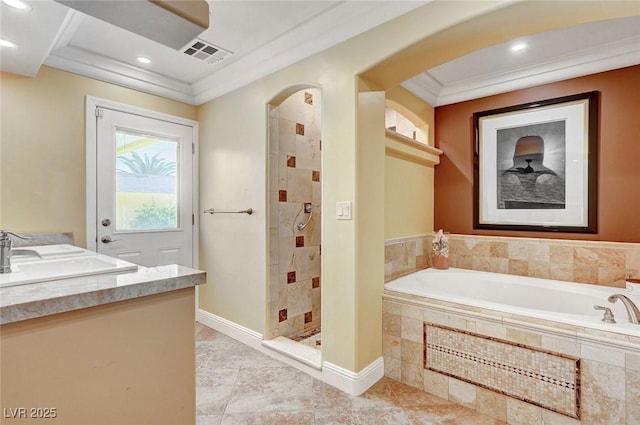 bathroom with independent shower and bath, vanity, and ornamental molding