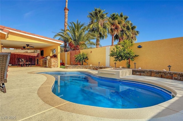 view of swimming pool featuring area for grilling, a patio area, and ceiling fan