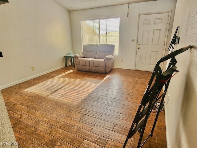 sitting room featuring wood-type flooring and a textured ceiling