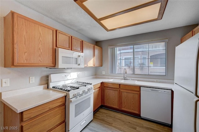 kitchen featuring sink, white appliances, and light wood-type flooring