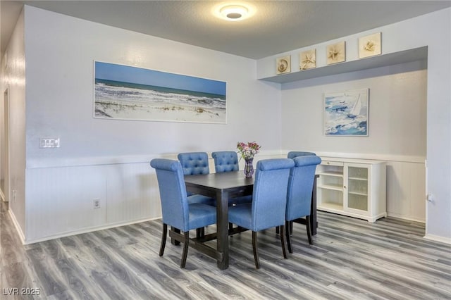 dining space with wood finished floors, a wainscoted wall, and a textured ceiling