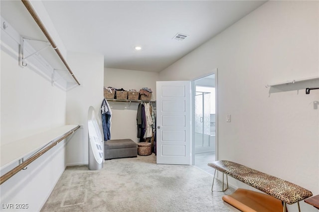 walk in closet with visible vents and carpet