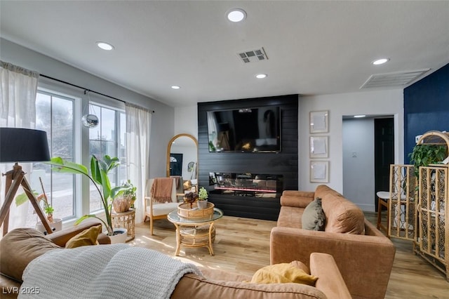 living room featuring hardwood / wood-style flooring and a fireplace