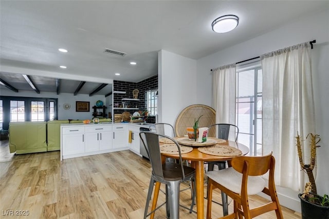 kitchen featuring white cabinetry, light hardwood / wood-style flooring, dishwashing machine, kitchen peninsula, and beam ceiling