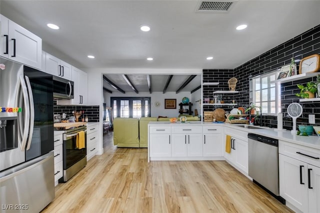 kitchen with white cabinetry, appliances with stainless steel finishes, and kitchen peninsula