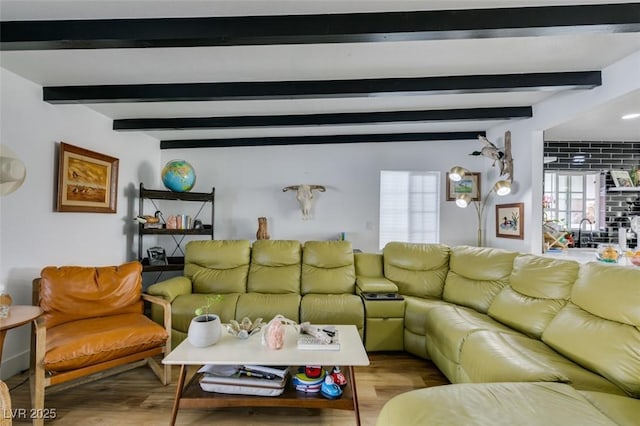 living room featuring beam ceiling and light hardwood / wood-style flooring