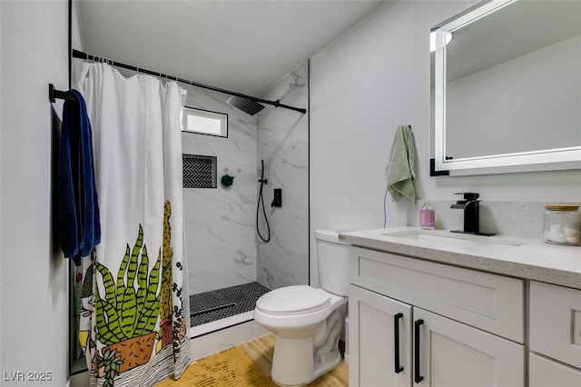 bathroom featuring hardwood / wood-style floors, vanity, toilet, and a shower with curtain