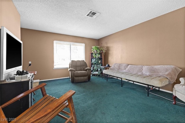 living room featuring a textured ceiling and carpet flooring