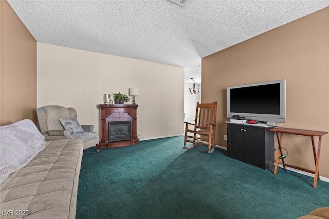 living room featuring dark carpet, a chandelier, and a textured ceiling