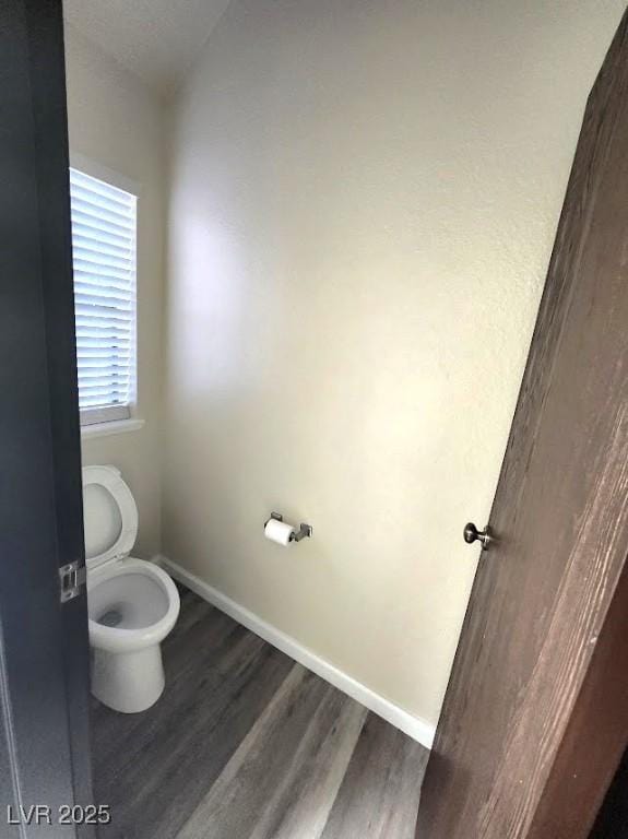 bathroom featuring lofted ceiling, hardwood / wood-style flooring, and toilet