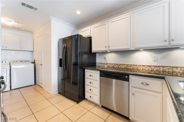 kitchen featuring crown molding, black refrigerator with ice dispenser, light tile patterned floors, dishwasher, and white cabinets