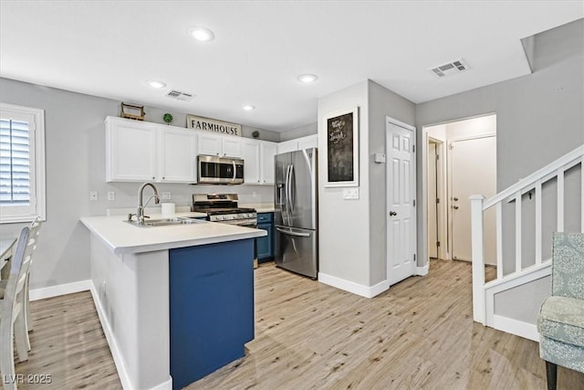 kitchen with sink, light hardwood / wood-style flooring, stainless steel appliances, white cabinets, and kitchen peninsula